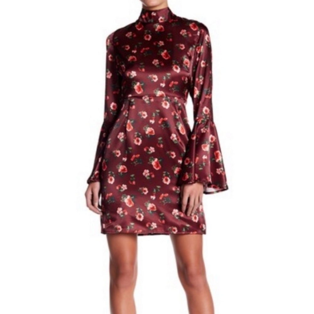 NWT Red Satiny Floral Mockneck Bell Sleeve Cutout Mini Dress